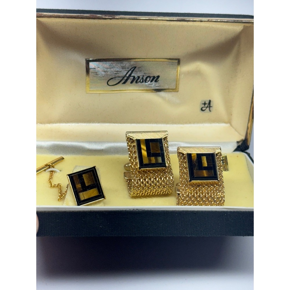 Vintage Anson Gold Tone Mesh Wrap Cufflinks Tie Tack Set Tigers Eye Onyx Mosaic